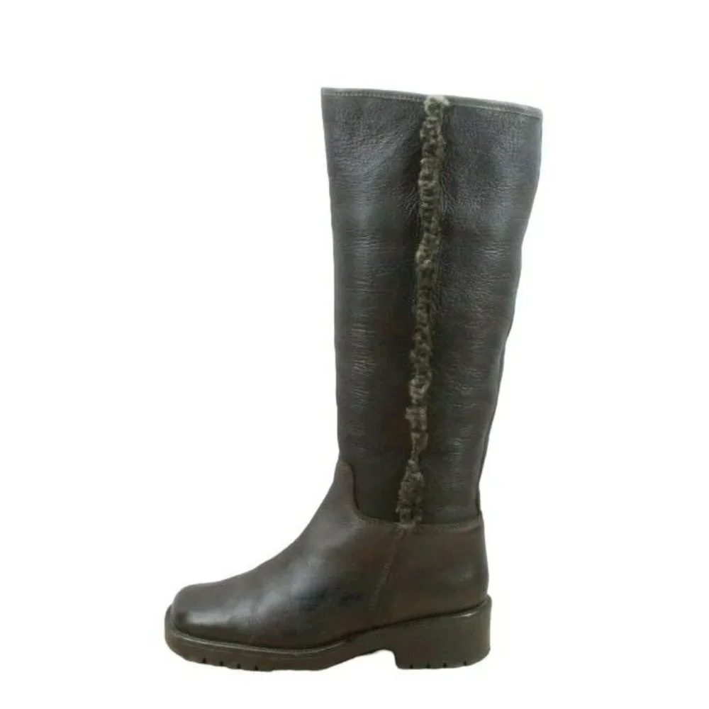 LL Bean Brown Leather Pull On Faux Fur Heeled Tall Boots Size 8 - Picture 1 of 11